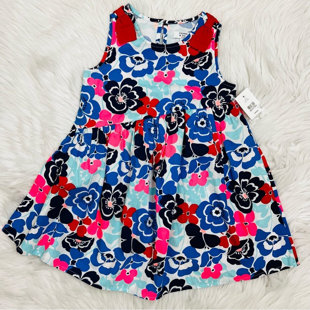 NWT! Crown & Ivy Kids Floral Print Blue Red Pink Bows accented 100% Cotton Sz 6